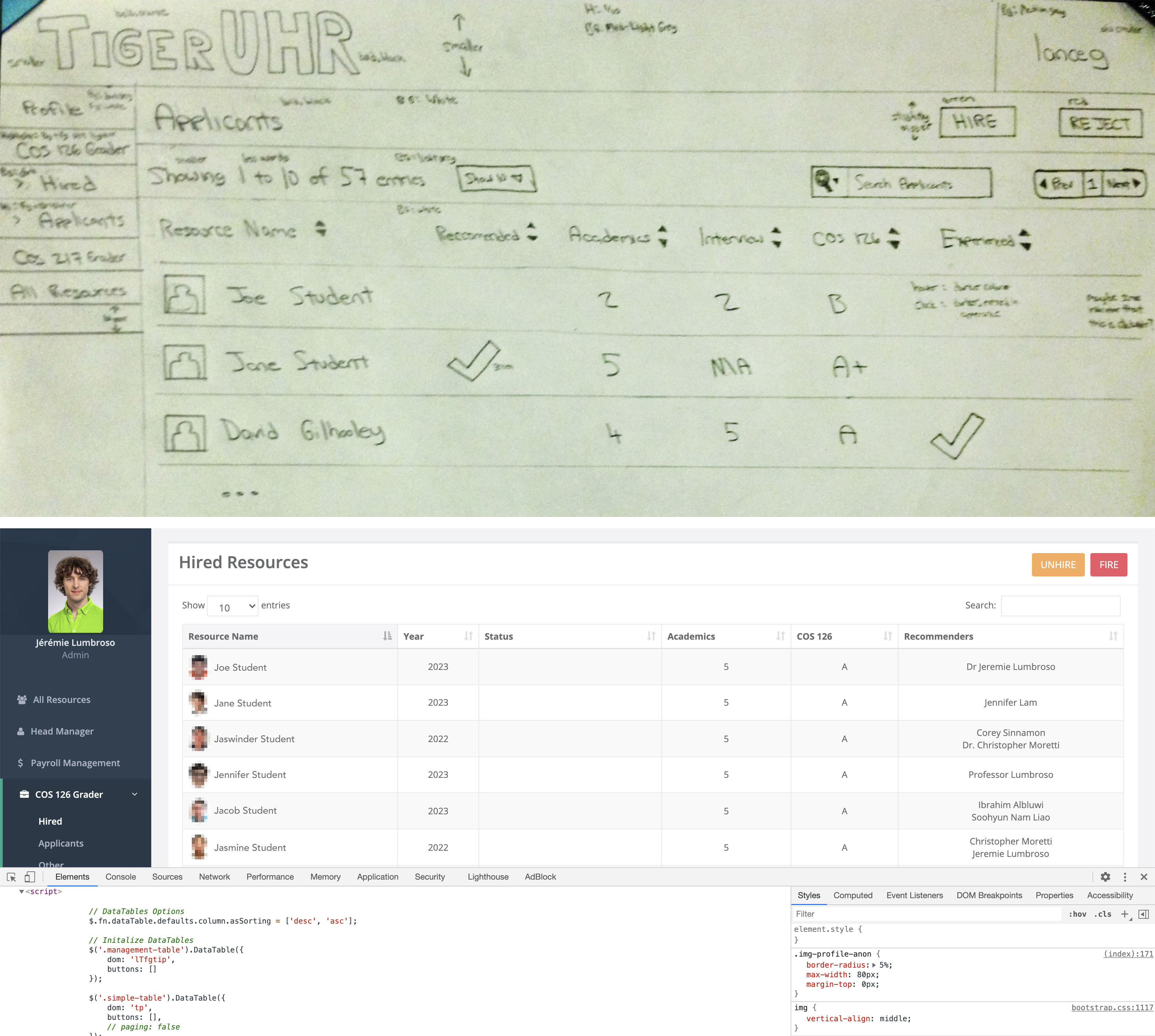 Two images stacked on top of each other.  Top image is a photo of a hand drawn draft by Lance Goodridge of the TigerUHR site layout.  Bottom image is a screen shot of the actual TigerUHR website from the view of an admin.