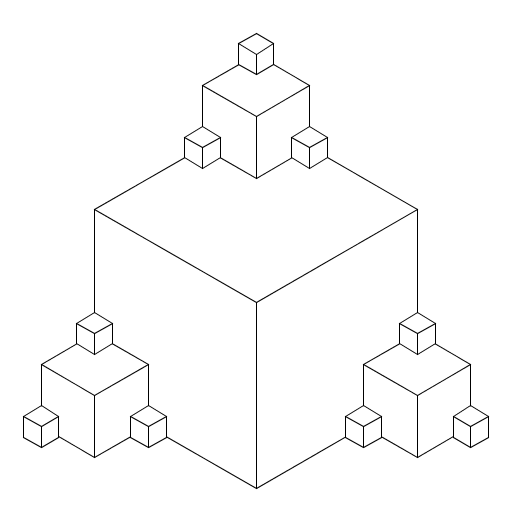 Some of the lines don't appear in the reduced size images; you can click on each picture to see the true image. My art is comprised of 3 cubes extending from the top, left, and right faces of the predecessor cube, with each of the new cubes' sides being reduced by a factor of 1/3 in the process. To create a 3-D effect, I drew hexagons with extra lines. My creation was inspired by the first design from this website: http://sites.google.com/site/geometricarts/fractals