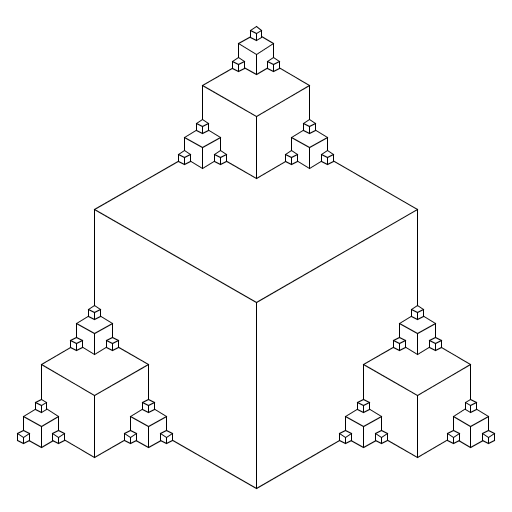 Some of the lines don't appear in the reduced size images; you can click on each picture to see the true image. My art is comprised of 3 cubes extending from the top, left, and right faces of the predecessor cube, with each of the new cubes' sides being reduced by a factor of 1/3 in the process. To create a 3-D effect, I drew hexagons with extra lines. My creation was inspired by the first design from this website: http://sites.google.com/site/geometricarts/fractals