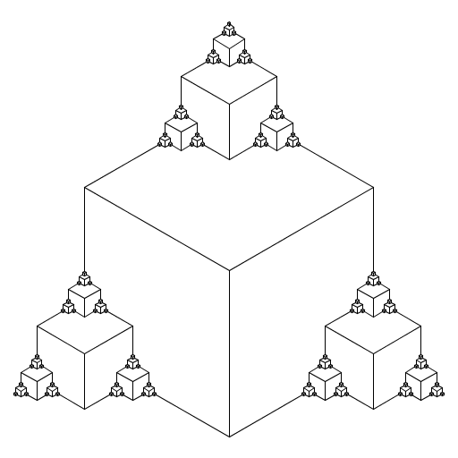 Some of the lines don't appear in the reduced size images; you can click on each picture to see the true image. My art is comprised of 3 cubes extending from the top, left, and right faces of the predecessor cube, with each of the new cubes' sides being reduced by a factor of 1/3 in the process. To create a 3-D effect, I drew hexagons with extra lines. My creation was inspired by the first design from this website: http://sites.google.com/site/geometricarts/fractals