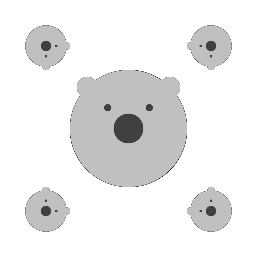 My artistic creation is a recursive series of rotated bear faces. Each bear face contains eyes, a nose and ears. The eyes and ears are rotated so that the top of each bear's head faces its parent. I designed the program first by treating the bears as circles and determining their position and distance from each other. This required a bit of trigonometry. Then I added the rotation of the ears and eyes given the angle.