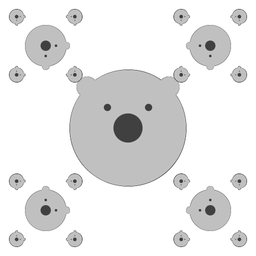 My artistic creation is a recursive series of rotated bear faces. Each bear face contains eyes, a nose and ears. The eyes and ears are rotated so that the top of each bear's head faces its parent. I designed the program first by treating the bears as circles and determining their position and distance from each other. This required a bit of trigonometry. Then I added the rotation of the ears and eyes given the angle.