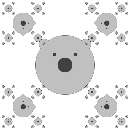 My artistic creation is a recursive series of rotated bear faces. Each bear face contains eyes, a nose and ears. The eyes and ears are rotated so that the top of each bear's head faces its parent. I designed the program first by treating the bears as circles and determining their position and distance from each other. This required a bit of trigonometry. Then I added the rotation of the ears and eyes given the angle.