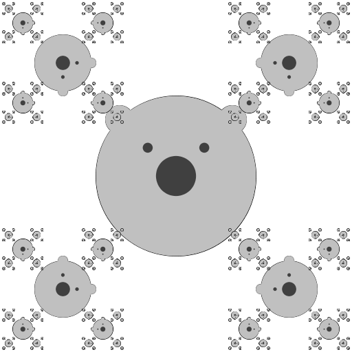 My artistic creation is a recursive series of rotated bear faces. Each bear face contains eyes, a nose and ears. The eyes and ears are rotated so that the top of each bear's head faces its parent. I designed the program first by treating the bears as circles and determining their position and distance from each other. This required a bit of trigonometry. Then I added the rotation of the ears and eyes given the angle.