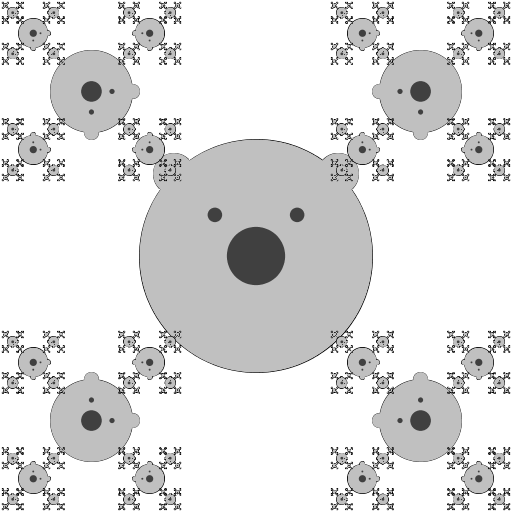 My artistic creation is a recursive series of rotated bear faces. Each bear face contains eyes, a nose and ears. The eyes and ears are rotated so that the top of each bear's head faces its parent. I designed the program first by treating the bears as circles and determining their position and distance from each other. This required a bit of trigonometry. Then I added the rotation of the ears and eyes given the angle.