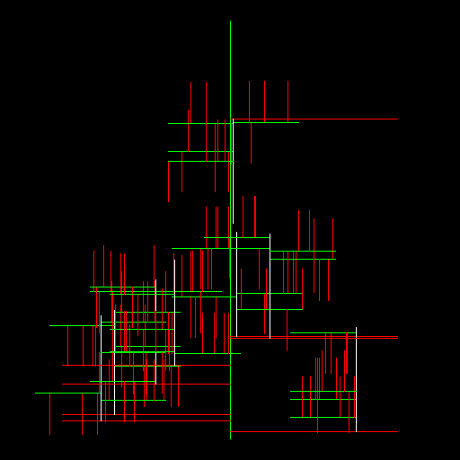 My art begins with a vertical line through the center of the screen. Two horizontal lines of this length branch off from this long one (from a random point along the longer line, and randomly to either the left or right). This continues for the inputted value of increasingly smaller lines.