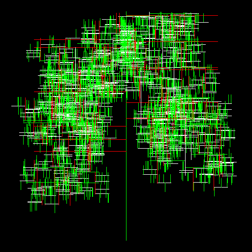 My art begins with a vertical line through the center of the screen. Two horizontal lines of this length branch off from this long one (from a random point along the longer line, and randomly to either the left or right). This continues for the inputted value of increasingly smaller lines.