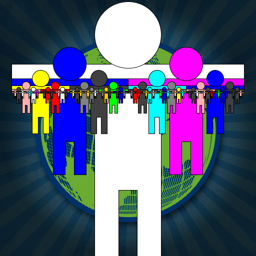 My artistic creation draws the hand-holding paper dolls that children make. Each doll is a series of polygons with a circle for a head, and outlined with black lines. The background is an image of the earth from http://alexchristian.com/blog/vote-earth-iphone-app.