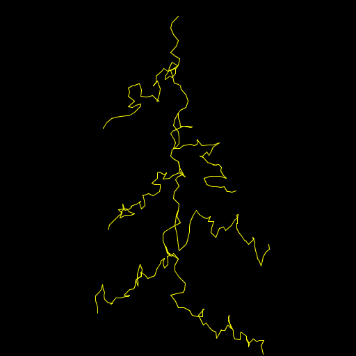 For my art.java, I wanted to simulate a Lichtenberg figure (basically a lightning bolt etched in an insulator). Lichtenberg figures are an instance of diffusion-limited aggregation, which amounts to Brownian motion in its simplest form. I basically combined a lightning bolt-esque tree function with an adapted version of the Brownian.java program. This resulted in a recursive function nested within a recursive function. Art.java starts looking fairly accurate at around N = 5 and can be tweaked via some of the program's internal parameters.