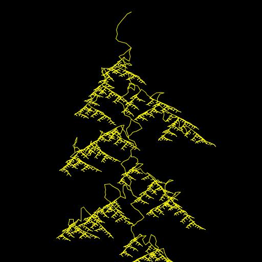For my art.java, I wanted to simulate a Lichtenberg figure (basically a lightning bolt etched in an insulator). Lichtenberg figures are an instance of diffusion-limited aggregation, which amounts to Brownian motion in its simplest form. I basically combined a lightning bolt-esque tree function with an adapted version of the Brownian.java program. This resulted in a recursive function nested within a recursive function. Art.java starts looking fairly accurate at around N = 5 and can be tweaked via some of the program's internal parameters.