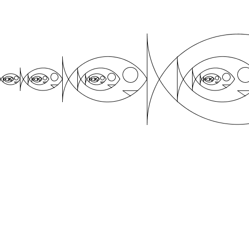 it draws a line of fish tapering both ways and with smaller fish inside of each. the tricky part was creating the two additional variables to create three different patterns - so that each fish didnt create both one to the right and to the left(the ones to the right of the first fish only created children to the right and inside, the ones to the left only made children to the left and inside, and the ones inside other fish only created further inner ones)