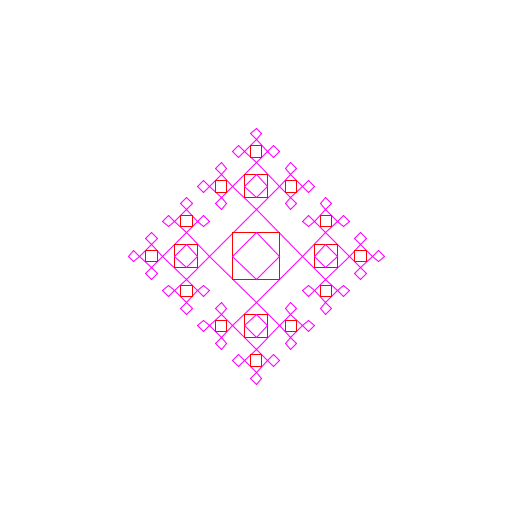 My artistic creation is reminiscent of an oriental rug design where diamonds grow out from the center of the rug (each is one half the size of the one before it). What was hard was not drawing diamonds on all the different sides of the original diamond in subsequent iterations of the program. I made a second paramater to keep track of whether the last diamond had been drawn. Each subsequent diamond is a repetition of the one before.