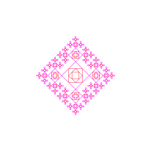 My artistic creation is reminiscent of an oriental rug design where diamonds grow out from the center of the rug (each is one half the size of the one before it). What was hard was not drawing diamonds on all the different sides of the original diamond in subsequent iterations of the program. I made a second paramater to keep track of whether the last diamond had been drawn. Each subsequent diamond is a repetition of the one before.