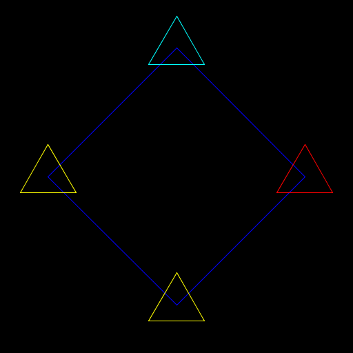 My artistic creation starts with an N-pointed star, creates an N-1-pointed star at each point, and keeps on doing this until it reaches N=3 (with 3- and 4-pointed stars being triangles and squares, respectively), and each different star is a random color. First I wrote the code that created N points evenly spaced around the circumference of a circle.
