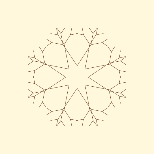 I found a fractals in nature page on Pintrest, where I found a picture which inspired me to make 8 overlapping trees, which meant having 8 separate methods. I then realized that I could have each method call on other methods to change the tilt of each branch. Originally, I produced something relatively similar to the photograph, but as I made it more complex I drifted away and tried to find the coolest pattern given the length and angle of each branch. I like the more modern pattern I ended up with, that's snowflake-esque.