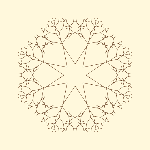 I found a fractals in nature page on Pintrest, where I found a picture which inspired me to make 8 overlapping trees, which meant having 8 separate methods. I then realized that I could have each method call on other methods to change the tilt of each branch. Originally, I produced something relatively similar to the photograph, but as I made it more complex I drifted away and tried to find the coolest pattern given the length and angle of each branch. I like the more modern pattern I ended up with, that's snowflake-esque.
