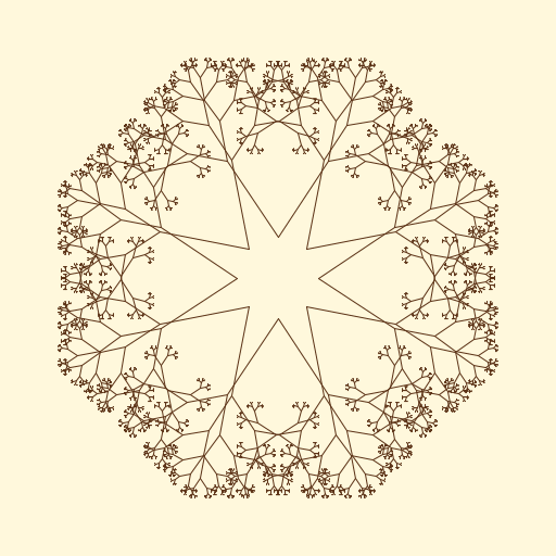 I found a fractals in nature page on Pintrest, where I found a picture which inspired me to make 8 overlapping trees, which meant having 8 separate methods. I then realized that I could have each method call on other methods to change the tilt of each branch. Originally, I produced something relatively similar to the photograph, but as I made it more complex I drifted away and tried to find the coolest pattern given the length and angle of each branch. I like the more modern pattern I ended up with, that's snowflake-esque.