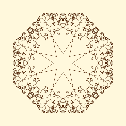 I found a fractals in nature page on Pintrest, where I found a picture which inspired me to make 8 overlapping trees, which meant having 8 separate methods. I then realized that I could have each method call on other methods to change the tilt of each branch. Originally, I produced something relatively similar to the photograph, but as I made it more complex I drifted away and tried to find the coolest pattern given the length and angle of each branch. I like the more modern pattern I ended up with, that's snowflake-esque.