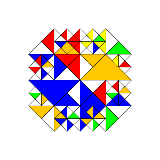 I have always loved the artworks of M C Escher and his spirals of shapes and animals fitting with each other and converging in on themselves like fractals and recursion. I searched some of his pictures and decided that the best way I could try and recreate the style of Escher was through squares as they fit quite easily amongst themselves. I created 4 separate squares with diagonals in each going to different corners and one of the triangles formed within the squares randomly colored. The squares then repeated recursively on themselves on their outer middle point forming 4 more squares on each of the 4 original squares decreasing in size by a factor of 2 and also being filled in by randomly selected colors.