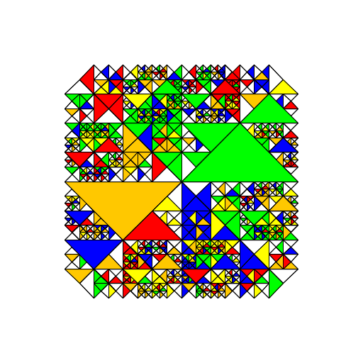 I have always loved the artworks of M C Escher and his spirals of shapes and animals fitting with each other and converging in on themselves like fractals and recursion. I searched some of his pictures and decided that the best way I could try and recreate the style of Escher was through squares as they fit quite easily amongst themselves. I created 4 separate squares with diagonals in each going to different corners and one of the triangles formed within the squares randomly colored. The squares then repeated recursively on themselves on their outer middle point forming 4 more squares on each of the 4 original squares decreasing in size by a factor of 2 and also being filled in by randomly selected colors.
