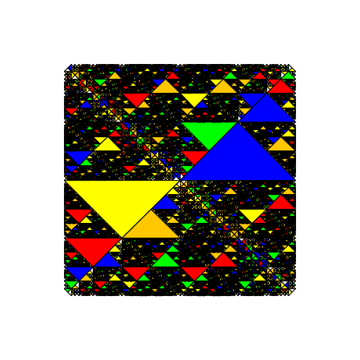 I have always loved the artworks of M C Escher and his spirals of shapes and animals fitting with each other and converging in on themselves like fractals and recursion. I searched some of his pictures and decided that the best way I could try and recreate the style of Escher was through squares as they fit quite easily amongst themselves. I created 4 separate squares with diagonals in each going to different corners and one of the triangles formed within the squares randomly colored. The squares then repeated recursively on themselves on their outer middle point forming 4 more squares on each of the 4 original squares decreasing in size by a factor of 2 and also being filled in by randomly selected colors.