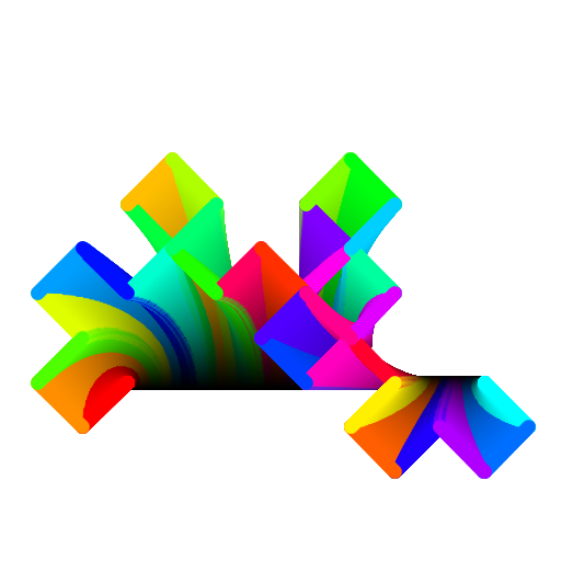 I based my fractal on the dragon curve. I used recursive function calls. After reading about fractal dimension, I made that a parameter and adjusted the other variables to change so that the fractal was still connected no matter what level. I was going to make it animate as the dimension increased but I forgot to clear the screen after each frame and I discovered it actually looked very interesting. I made a lot of adjustments so that the lines moved smoothly (originally they moved very quickly at first, then slowed). Finally, I added color.