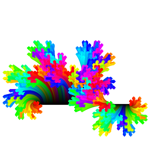 I based my fractal on the dragon curve. I used recursive function calls. After reading about fractal dimension, I made that a parameter and adjusted the other variables to change so that the fractal was still connected no matter what level. I was going to make it animate as the dimension increased but I forgot to clear the screen after each frame and I discovered it actually looked very interesting. I made a lot of adjustments so that the lines moved smoothly (originally they moved very quickly at first, then slowed). Finally, I added color.