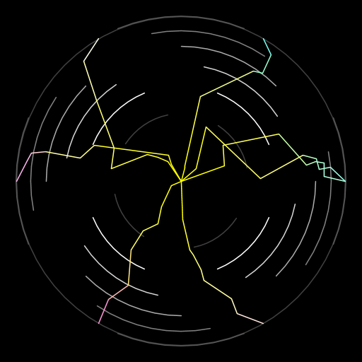 The artistic creation has two components: a series of randomized paths starting from the center of the field of view to the edges of a circle (which used the Brownian motion example) and the use of a scaling parameter to control the maximal allowed displacement for the vertex each time the method is called. This parameter is decreased by five percent with each level of recursion, so on smaller spatial scales, my paths become increasingly straight. The background is a spiral shape generated by a method that uses tail recursion to draw each successive