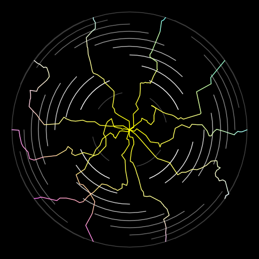 The artistic creation has two components: a series of randomized paths starting from the center of the field of view to the edges of a circle (which used the Brownian motion example) and the use of a scaling parameter to control the maximal allowed displacement for the vertex each time the method is called. This parameter is decreased by five percent with each level of recursion, so on smaller spatial scales, my paths become increasingly straight. The background is a spiral shape generated by a method that uses tail recursion to draw each successive