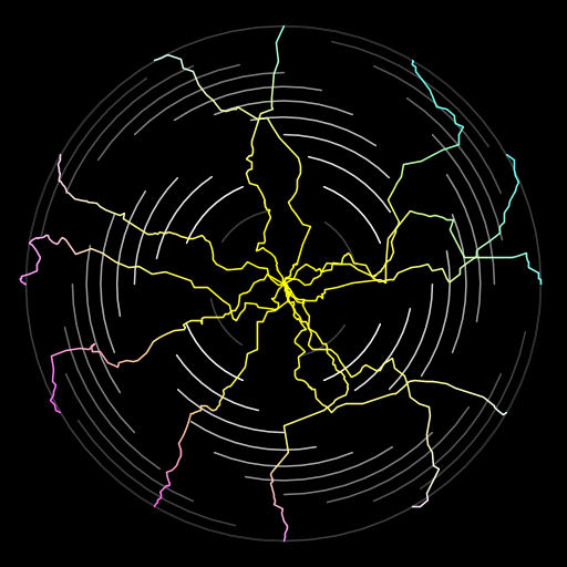 The artistic creation has two components: a series of randomized paths starting from the center of the field of view to the edges of a circle (which used the Brownian motion example) and the use of a scaling parameter to control the maximal allowed displacement for the vertex each time the method is called. This parameter is decreased by five percent with each level of recursion, so on smaller spatial scales, my paths become increasingly straight. The background is a spiral shape generated by a method that uses tail recursion to draw each successive