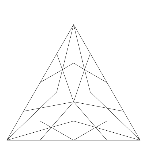 My art uses Barycentric subdivision to divide an equilateral triangle and create a pattern. Only the lowest level of subdivision is displayed to reduce clutter. I found my information on Barycentric subdivision from a wikipedia article on fractals. I first wrote code that calculates the Barycenter, and then recursively calls itself to generate the Barycenter of each of the smaller triangles created by drawing lines from each vertex to the Barycenter. When n = 1, the program also draws line segments from the barycenter to each vertex and the midpoint of each side of each triangle.