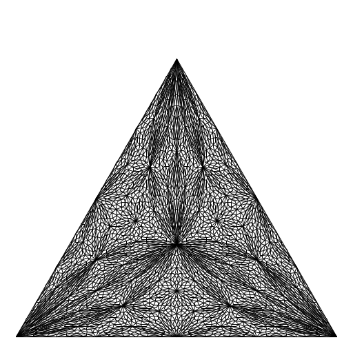 My art uses Barycentric subdivision to divide an equilateral triangle and create a pattern. Only the lowest level of subdivision is displayed to reduce clutter. I found my information on Barycentric subdivision from a wikipedia article on fractals. I first wrote code that calculates the Barycenter, and then recursively calls itself to generate the Barycenter of each of the smaller triangles created by drawing lines from each vertex to the Barycenter. When n = 1, the program also draws line segments from the barycenter to each vertex and the midpoint of each side of each triangle.