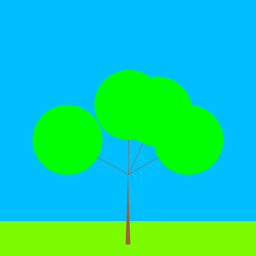 I saw a picture of a recursive tree that had the same idea as a Sierpinski triangle. I wanted to create the tree with green leaves, but also make the branches spread RANDOMLY and not by a predictable pattern. So I made a tree that seems to resemble a tree in the Savannas. I added a sky blue background and created a green rectangle as the grass.