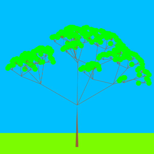 I saw a picture of a recursive tree that had the same idea as a Sierpinski triangle. I wanted to create the tree with green leaves, but also make the branches spread RANDOMLY and not by a predictable pattern. So I made a tree that seems to resemble a tree in the Savannas. I added a sky blue background and created a green rectangle as the grass.