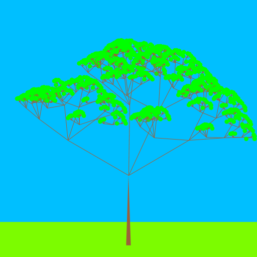 I saw a picture of a recursive tree that had the same idea as a Sierpinski triangle. I wanted to create the tree with green leaves, but also make the branches spread RANDOMLY and not by a predictable pattern. So I made a tree that seems to resemble a tree in the Savannas. I added a sky blue background and created a green rectangle as the grass.