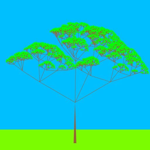 I saw a picture of a recursive tree that had the same idea as a Sierpinski triangle. I wanted to create the tree with green leaves, but also make the branches spread RANDOMLY and not by a predictable pattern. So I made a tree that seems to resemble a tree in the Savannas. I added a sky blue background and created a green rectangle as the grass.