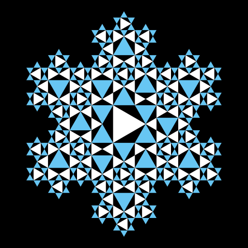 I wanted to create a Koch snowflake that could be broken down into smaller Koch snowflakes. A picture at the bottom of this page: http://mathworld.wolfram.com/KochSnowflake.html caught my attention, so I decided to make a koch snowflake that consists of many filled equilateral triangles rotated in different directions. If you trace the outline of each drawing, you will get a koch snowflake. The interesting thing about this program is that it makes snowflakes of recursive order n by drawing a snowflake of order n-1 in the center and placing six smaller snowflakes of order n-1 around the central snowflake. After writing the code, I changed the color scheme to make the drawing look more appealing.
