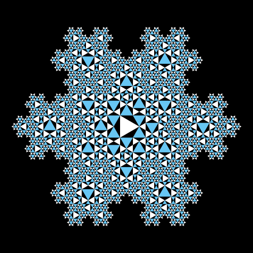 I wanted to create a Koch snowflake that could be broken down into smaller Koch snowflakes. A picture at the bottom of this page: http://mathworld.wolfram.com/KochSnowflake.html caught my attention, so I decided to make a koch snowflake that consists of many filled equilateral triangles rotated in different directions. If you trace the outline of each drawing, you will get a koch snowflake. The interesting thing about this program is that it makes snowflakes of recursive order n by drawing a snowflake of order n-1 in the center and placing six smaller snowflakes of order n-1 around the central snowflake. After writing the code, I changed the color scheme to make the drawing look more appealing.