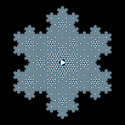 I wanted to create a Koch snowflake that could be broken down into smaller Koch snowflakes. A picture at the bottom of this page: http://mathworld.wolfram.com/KochSnowflake.html caught my attention, so I decided to make a koch snowflake that consists of many filled equilateral triangles rotated in different directions. If you trace the outline of each drawing, you will get a koch snowflake. The interesting thing about this program is that it makes snowflakes of recursive order n by drawing a snowflake of order n-1 in the center and placing six smaller snowflakes of order n-1 around the central snowflake. After writing the code, I changed the color scheme to make the drawing look more appealing.