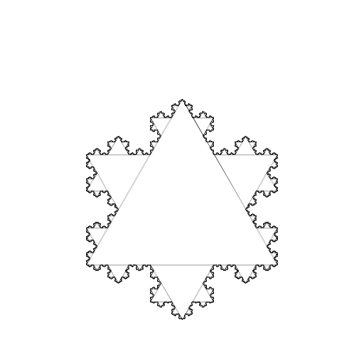 My recursive drawing was Koch's snowflake. Successive iterations of Koch's snowflake are created by replacing the center of each side with an equilateral triangle. As the order grows, the design begins to look like a more and more intricate snowflake.