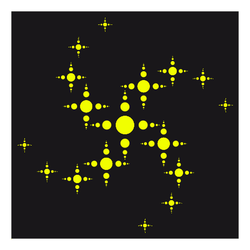 I wanted to create a recursive spiral. I ended up having to simplify the complexity of my original intentions (and, consequentially, my recursive structure) a lot, and ended up settling with a starlike spiral design. The program itself in essence uses two sets of recursions, one for the main stars and one for their surrounding sparks. I discovered the hard way that these two sets must be independent of one another to avoid creating a gigantic mess.