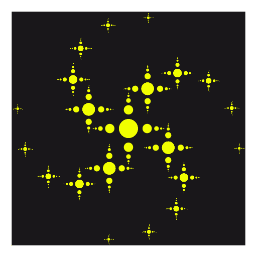 I wanted to create a recursive spiral. I ended up having to simplify the complexity of my original intentions (and, consequentially, my recursive structure) a lot, and ended up settling with a starlike spiral design. The program itself in essence uses two sets of recursions, one for the main stars and one for their surrounding sparks. I discovered the hard way that these two sets must be independent of one another to avoid creating a gigantic mess.