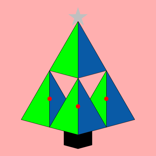 I found a lot of 3D patterns and so I decided to go for 3D Sierpinski pyramids. When that part was finished, I thought it looked like a Christmas tree. And so I went on to add the tree trunck and alternating lights and star.