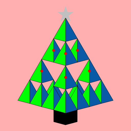 I found a lot of 3D patterns and so I decided to go for 3D Sierpinski pyramids. When that part was finished, I thought it looked like a Christmas tree. And so I went on to add the tree trunck and alternating lights and star.