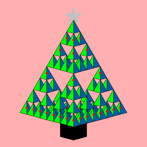 I found a lot of 3D patterns and so I decided to go for 3D Sierpinski pyramids. When that part was finished, I thought it looked like a Christmas tree. And so I went on to add the tree trunck and alternating lights and star.
