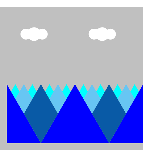 My Art.java draws a mountain range up to an N-level of 3, then draws clouds in the sky above the range (the mountains keep going, but as the same color as the sky, so that this could easily be changed to show more mountains in lighter colors). I built off the structure of Sierpinski and NestedCircles. Clouds are only drawn after the mountains were drawn. The main method draws triangle mountains, but the subsequent methods are diamonds, while the clouds are overlapping white circles.