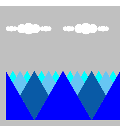My Art.java draws a mountain range up to an N-level of 3, then draws clouds in the sky above the range (the mountains keep going, but as the same color as the sky, so that this could easily be changed to show more mountains in lighter colors). I built off the structure of Sierpinski and NestedCircles. Clouds are only drawn after the mountains were drawn. The main method draws triangle mountains, but the subsequent methods are diamonds, while the clouds are overlapping white circles.