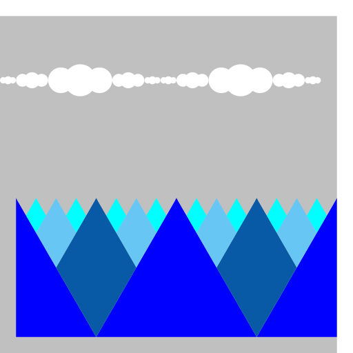 My Art.java draws a mountain range up to an N-level of 3, then draws clouds in the sky above the range (the mountains keep going, but as the same color as the sky, so that this could easily be changed to show more mountains in lighter colors). I built off the structure of Sierpinski and NestedCircles. Clouds are only drawn after the mountains were drawn. The main method draws triangle mountains, but the subsequent methods are diamonds, while the clouds are overlapping white circles.