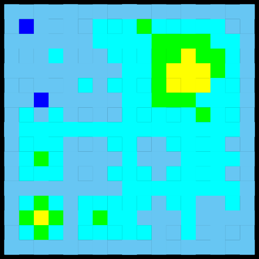 I started by making a random 3D terrain generator but StdDraw3D is not allowed for this assignment, so I just took the same code to make a 2D random terrain generator. The recursion at the heart of it is a modified version of plasma cloud generator. The randomness comes from the Brownian Bridge code. The color of each square corresponds to the typical colors used on a map to denote elevation and breaks the third coordinate (default at 0-1) into ten segments divided by these colors. This 2D version essentially draws a paper map of what that 3D environment would've looked like. You could change the color function to make a cloud too.