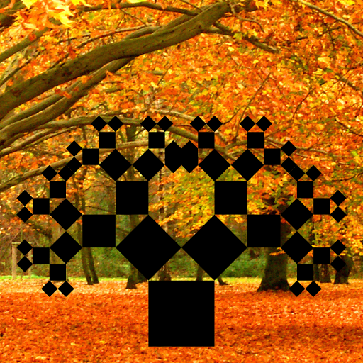 The fall weather served as an inspiration for my design. I recreated the Pythagoras tree which recursively draws two squares with side lengths that are the sides of a right triangle. The triangle's hypotenuse is the side length of the higher-order square. I browsed through Wikipedia's fractal page and was intrigued by the Pythagorean tree, specifically by how simple squares can create an organic image. I used the following website to understand the concepts behind the Pythagorean tree: http://ecademy.agnesscott.edu/~lriddle/ifs/pythagorean/pythTree.htm. I also researched the mathematical rotation matrix to develop the rotate() method, using this website: http://www.euclideanspace.com/maths/geometry/affine/aroundPoint/